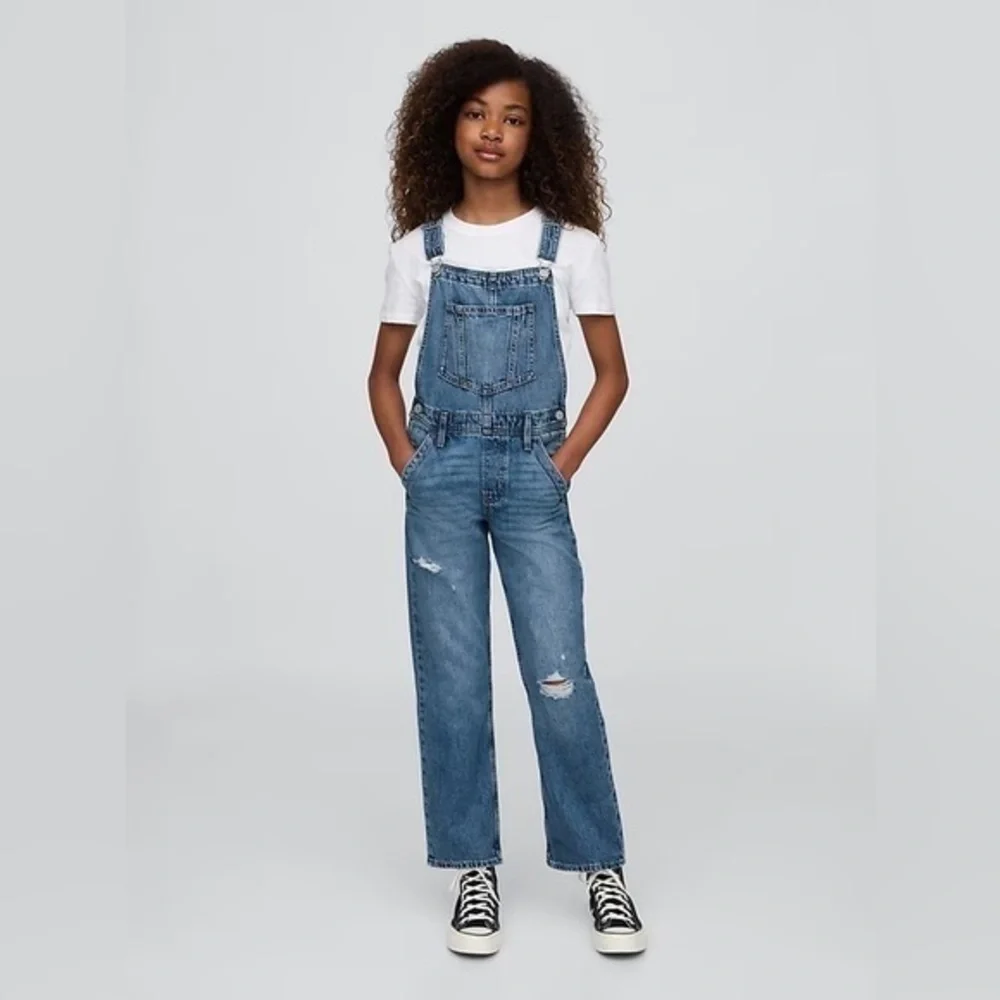 GAP Kids Denim Overalls Girls Large Distressed Wide Leg Adjustable Bib Jeans